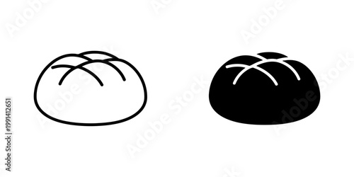 Minimalist bread bun icons in outline and solid black styles perfect for bakery shop identity systems restaurant menu layouts food industry branding and culinary education material illustrations.