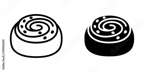 Classic cinnamon swirl bun icons featuring raisin toppings in outline and solid black versions for traditional bakery signage dessert menu decorations and sweet snack product packaging illustrations.