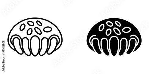 Bear claw pastry icons in outline and glyph style for traditional bakery identity or cafe menu design showing sweet dough with almond slivers and sugar glaze isolated on white background surface.