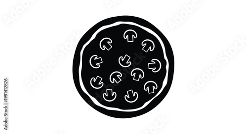 Simple black and white illustration of a mushroom pizza