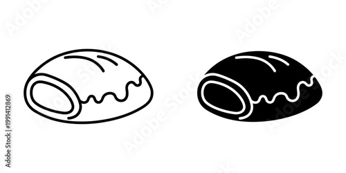 Buns with glaze icons in outline and glyph style for bakery shop menu or pastry cafe design projects isolated on white background depicting sweet bread roll with chocolate topping or sugar cream.