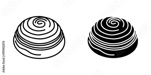 Cinnamon roll icons in outline and glyph style for swedish fika or american breakfast cafe menu design projects depicting spiral dough with sugar icing isolated on white background illustration.