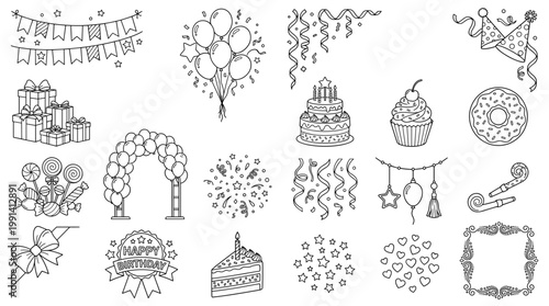 Black and white birthday party vector set with banner, balloons, gifts, cake, cupcake, donut, confetti, candle, ribbon and celebration frames