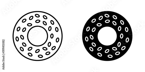 Donut icon set in line and glyph style, sweet dessert with sprinkles, delicious baked treat, round pastry with hole in middle, simple graphic element on white background, sugary snack illustration.