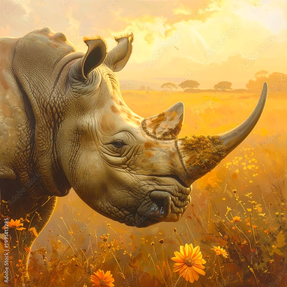 Fototapeta premium A large rhinoceros in a field of flowers and grass at sunset
