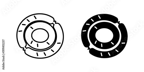 Sausage spiral circle icons in line and silhouette styles for barbecue menu or packaging design isolated on white background grilled meat product concepts for food industry and butcher shop use.