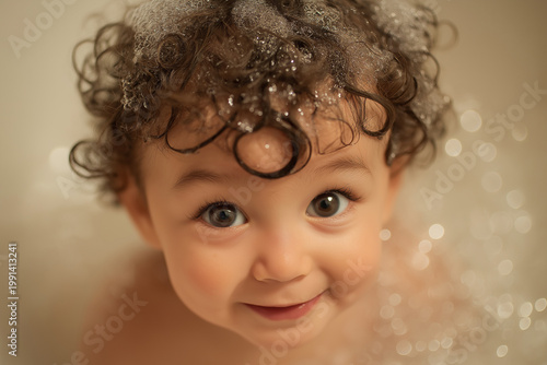 A happy baby boy is playing in the bathtub with soap bubbles