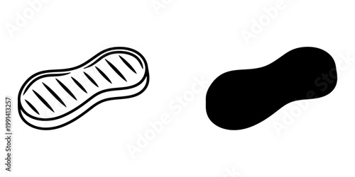 Oval meat cutlet or steak icons with grill marks in line art and black silhouette styles for restaurant menu decoration isolated on white background minimalist food illustration for commercial use.