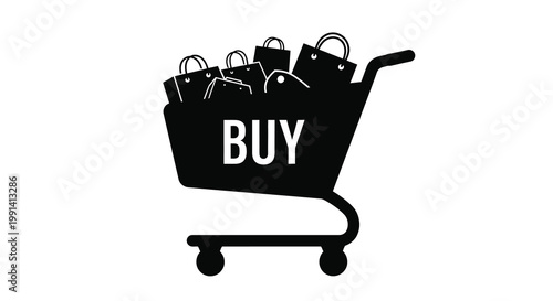 A black shopping cart filled with bags and displaying the word buy