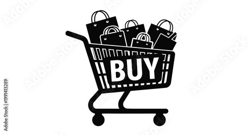 Shopping cart overflowing with bags and a prominent buy message