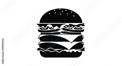 Black and white illustration of a stacked cheeseburger with visible layers