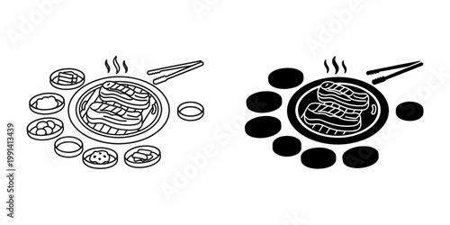 Korean bbq icon set featuring black and line style, grilling meat with side dishes, meal in a restaurant, hot food graphic, simple design for web and application.