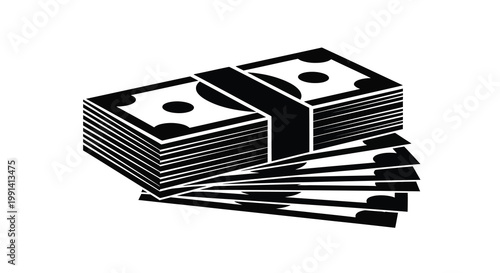 A stack of one hundred dollar bills depicted in a simple black silhouette