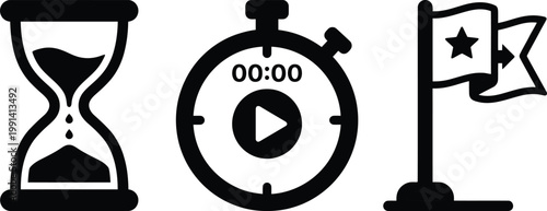 Set of icons representing time management, goals, and progress with stopwatch and hourglass.