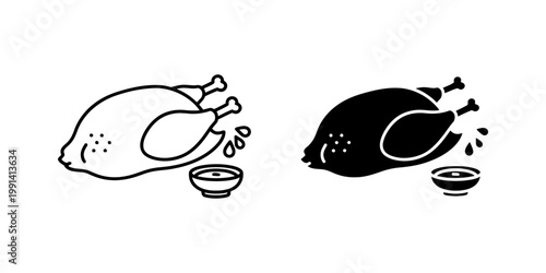 Traditional roasted chicken served with dipping sauce in two styles line art and solid silhouette vector illustration isolated on white background.