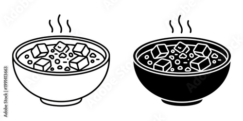 Hearty stew with cubed meat and vegetables in a bowl, shown in line art and solid silhouette, with steam rising vector graphics.