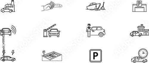 Transportation and automotive icons in black and white