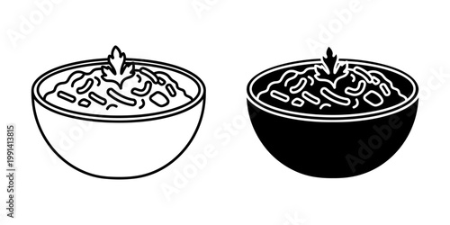 Guacamole or dip bowl icon set with parsley garnish in outline and silhouette styles for mexican cuisine branding restaurant signage culinary blog food packaging and digital menu design projects.