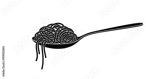 A black and white illustration of spaghetti served on a spoon