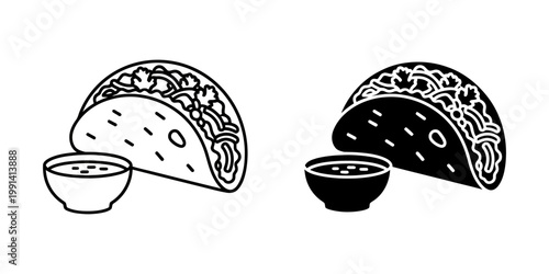 Taco with salsa dip icon set in linear and glyph styles for mexican fast food branding street food menu design restaurant advertising culinary apps and casual dining marketing materials vector.