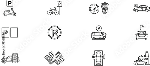 Transportation and parking signage collection in black and white