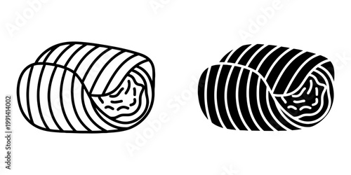 Burrito or wrap icon set featuring grilled grill marks and meat filling in outline and silhouette styles for mexican restaurant menu fast food branding street food truck signage and digital apps.