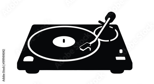 A black and white illustration of a vintage turntable record player silhouette