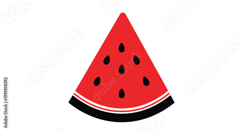 A vibrant red watermelon slice with black seeds and a curved rind