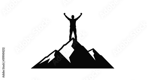 Silhouette of a man celebrating victory on a mountain peak