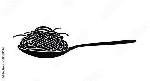 A black and white illustration of spaghetti served on a spoon