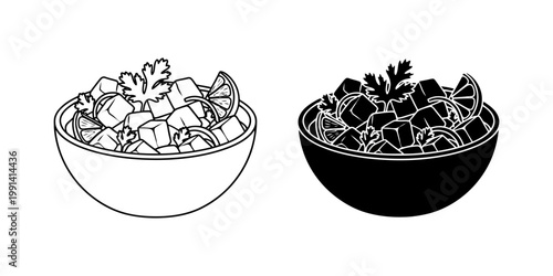 Ceviche bowl line art and silhouette set featuring fresh raw fish cubes lime slices and cilantro garnish on white background ideal for seafood restaurant menu design or latin american cuisine icons.