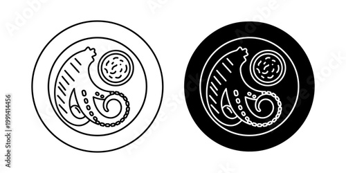 Grilled octopus tentacle plate icon set in outline and filled versions showing roasted seafood with sauce dip and lemon garnish for mediterranean kitchen and high end restaurant menu decorations.