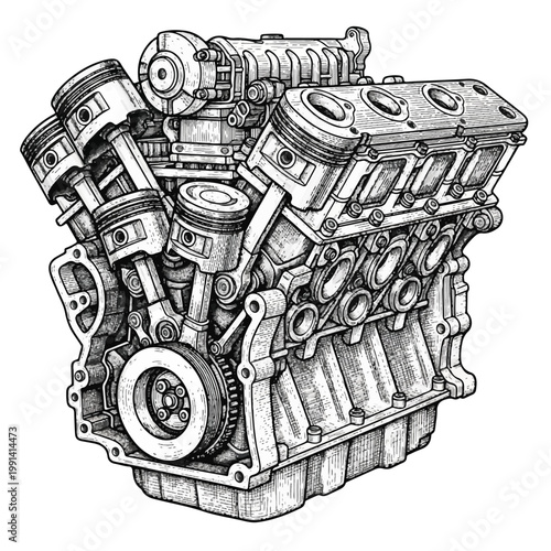 Detailed illustration of a powerful V8 internal combustion engine.