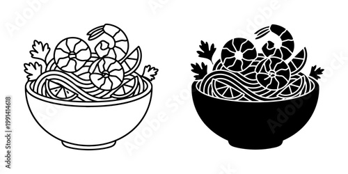 Shrimp noodle soup line art illustration. seafood noodles served with parsley and lemon in bowl. ramen with prawn contour vector icon. shrimp pasta black glyph on white background.