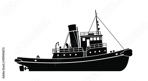 Black silhouette of a classic tugboat with a tall smokestack