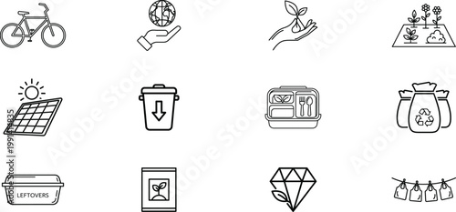 Minimalist line art icons everyday objects and activities