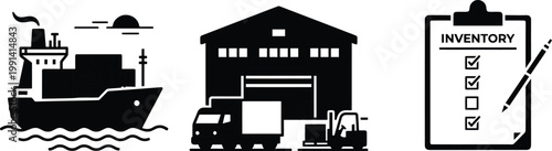Logistics and shipping icons featuring freight vessel warehouse and inventory list.