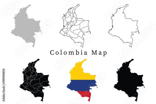  Set of Colombia map silhouettes featuring administrative divisions, dotted patterns, line art outlines, and the national flag version.