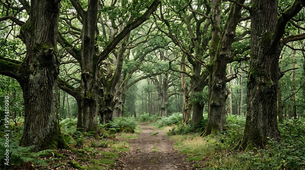 Fototapeta premium Mossy Oak Forest Path in Greenery with Dense Tree Canopy