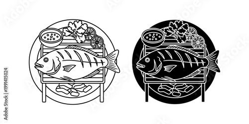 Grilled whole fish on barbecue rack vector icon set with lemon and parsley garnish in outline and black silhouette styles for seafood restaurant branding outdoor cooking menu and grill party posters.