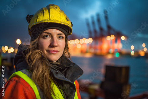 Portrait of a female worker in a high visibility vest and hard hat, standing at an oil platform