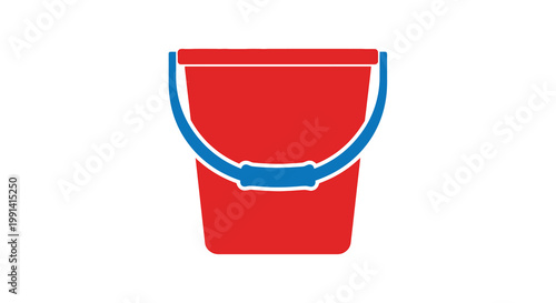A simple illustration of a red plastic bucket with a blue handle
