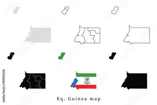 Set of Equatorial Guinea map silhouettes featuring administrative provinces, dotted patterns, line art outlines, and the national flag version.
