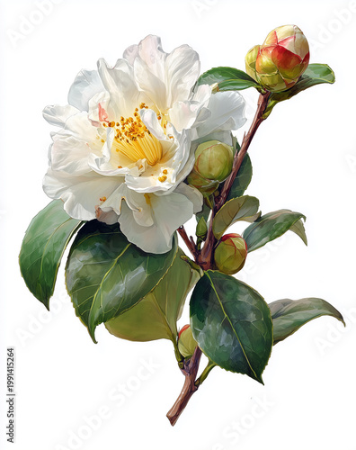 White Camellia Flower Digital Painting with Bud Isolated on White Background, Botanical Illustration