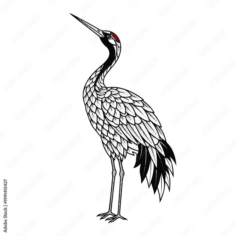 Fototapeta premium Elegant Japanese Crane Bird Illustration with Detailed Feathers.