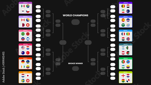 World Football Tournament 2026 Knockout Stage Bracket with Circle National Flags Vector Illustration