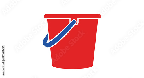A simple illustration of a red plastic bucket with a blue handle