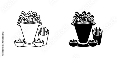 Bucket of mussels with french fries and dipping sauces vector illustration isolated on white background in outline and solid style representing classic belgian seafood meal for restaurant menu design.