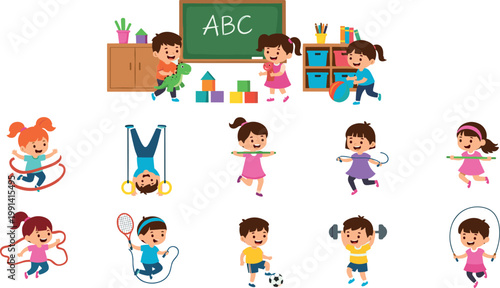 Kids school and sports activities set with classroom learning jumping rope ball games and exercise cartoon vector illustration