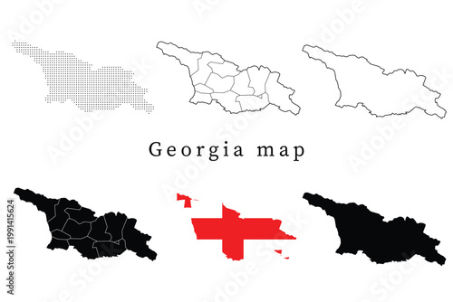Set of Georgia country map silhouettes featuring administrative regions, dotted patterns, line art outlines, and the national flag version.